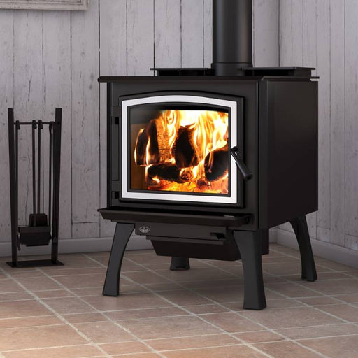 Osburn 3300 Wood Stove with Close-up Image with Brushed Nickel overlay and Black Cast Iron Straight Leg Kit