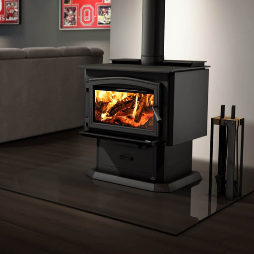 Osburn 3500 Wood Stove with Close-up Image with Blower with Black Door Overlay