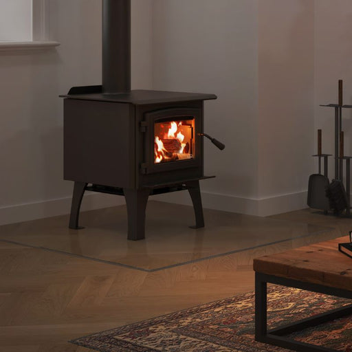 Osburn 950 Wood Stove with Close-up Image in family room on glass hearth pad
