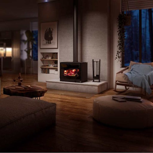 Osburn Inspire 2000 Wood Stove  OB02042 in a living room on a minimalist ceramic heart base