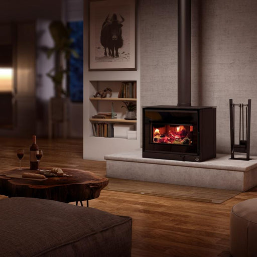 Osburn Inspire 2000 Wood Stove OB02042 with Close-up Image in a living room on a minimalist ceramic heart base