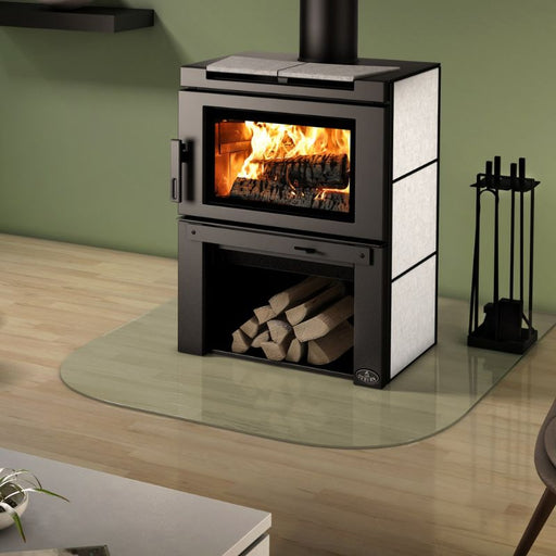 Osburn Matrix Wood Stove with Close-up Image with Blower, soapstone panel and soapstone top panel