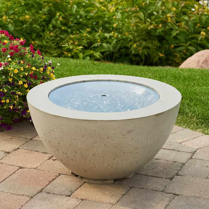 Outdoor Greatroom Natural Grey Cove 29 Round Gas Fire Pit Bowl Placed at Gardenwith Clear Tempered Fire Glass Gems with Grey Glass Burner Cover