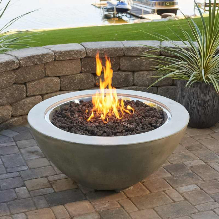 Outdoor Greatroom Natural Grey Cove 42 Round Gas Fire Pit Bowl Placed at Front Yard with Lava Rock plus Fire Burner On