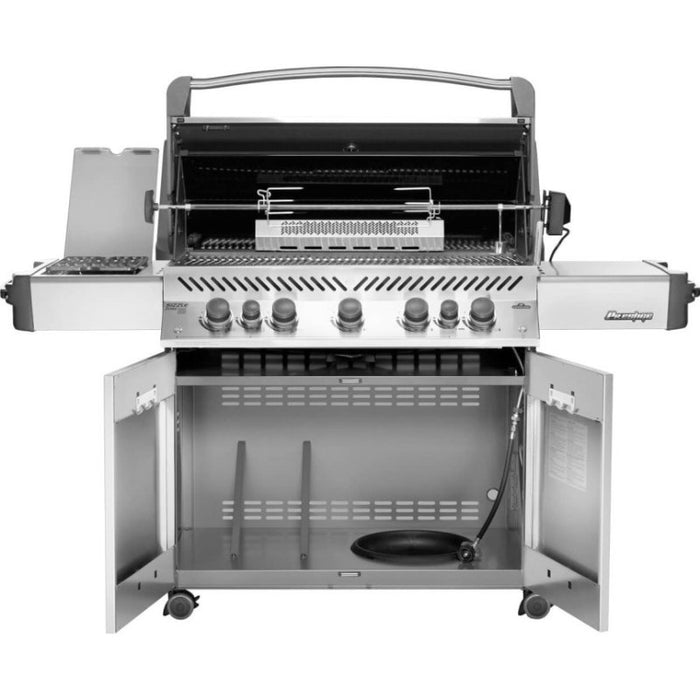 Prestige 665 Gas Grill with Infrared Side and Rear Burners Front  Scaled Slid Open Door and Cover