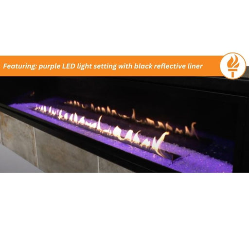 Purple LED Light setting on black reflective liner for Empire Boulevard Vent Free Linear Gas Fireplace