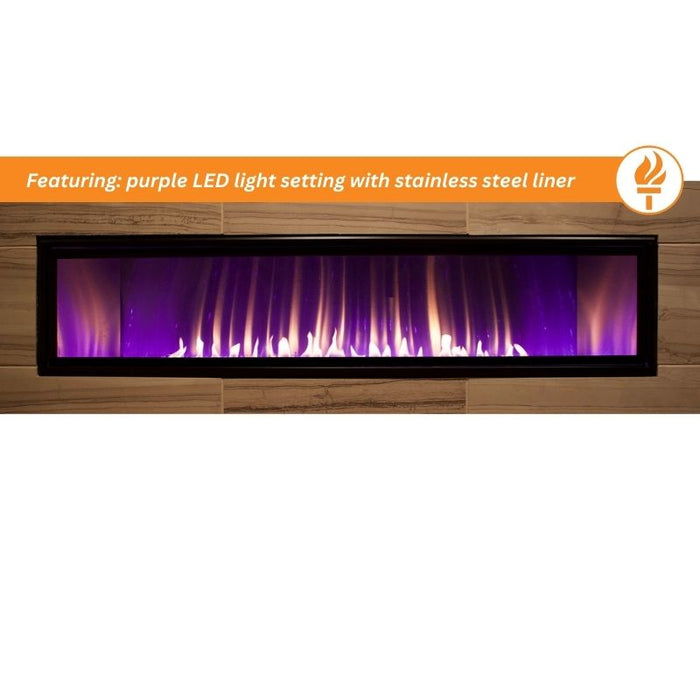 Purple LED Light setting on stainless steel liner for Empire Boulevard Vent Free Linear Gas Fireplace