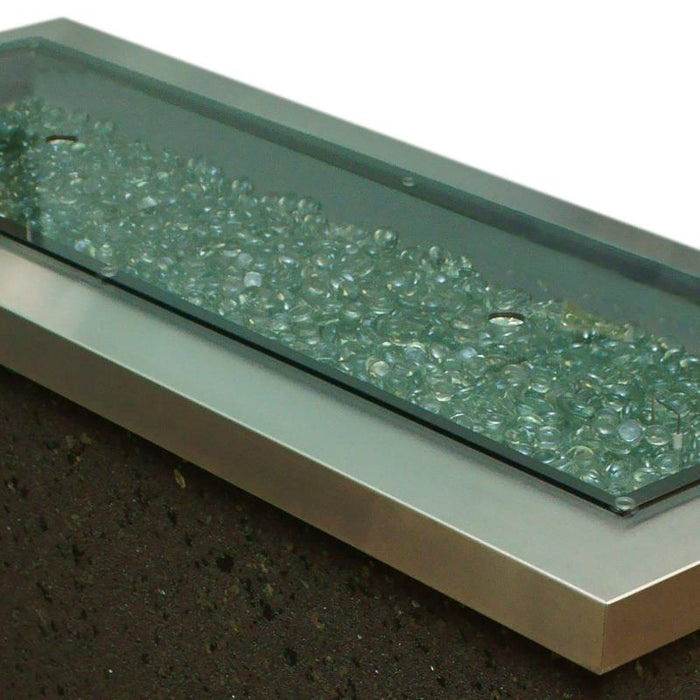 Rectangular Glass Burner Cover Installed on Providence Rectangular Gas Fire Pit Table with Clear Tempered Fire Glass Gems Scaled