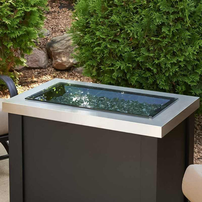 Rectangular Glass Burner Cover Installed on Providence Rectangular Gas Fire Pit Table with Clear Tempered Fire Glass Gems V1