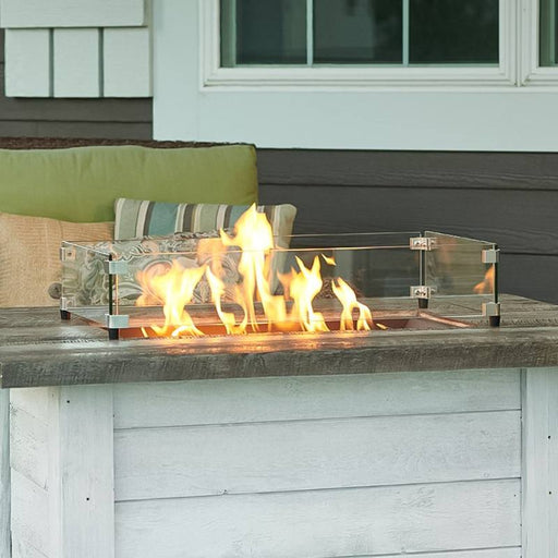 Rectangular Glass Wind Guard Installed on Alcott Rectangular Gas Fire Pit Table plus Fire Burner On Scaled