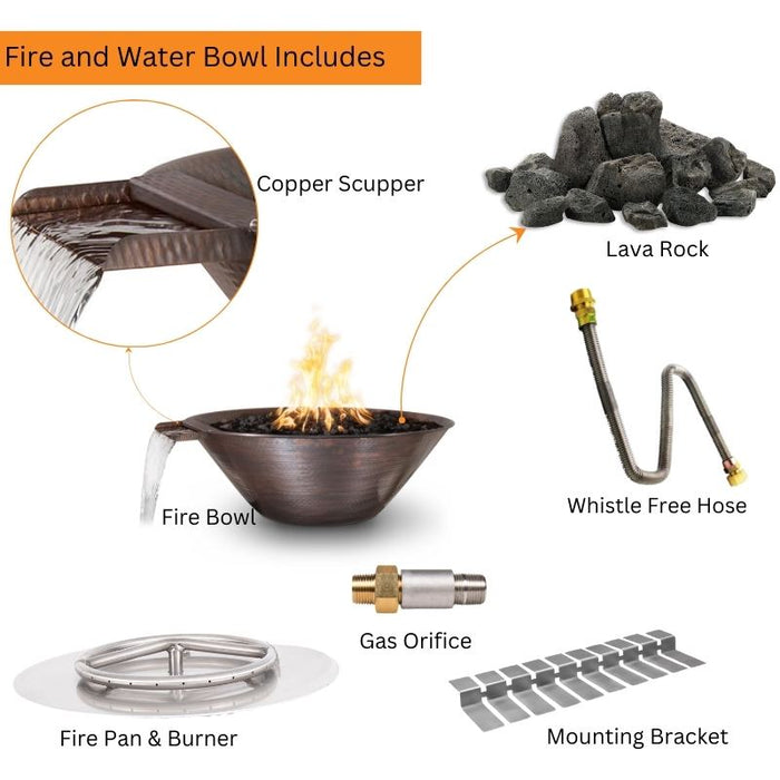 Reno Fire & Water Bowl - Hammered Copper | 31" Included Standard Fire Bowl Lava Rock Fire Pan and Burner Whistle Free horse Gas Orifice and Mounting Bracket