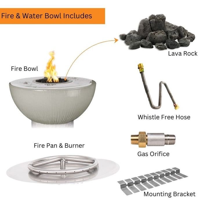 Savannah 360° Water Fire & Water Bowl - GFRC Concrete Fire Bowl Lava Rock  Gas Orifice Whistle Free Hose Fire Pan & Burner and Mounting Bracket 