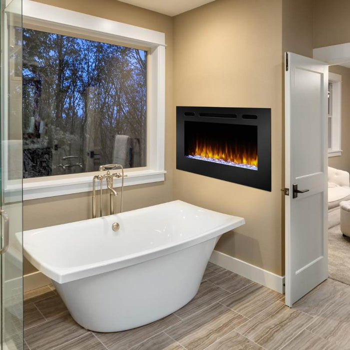 Simplifire Allusion 40" Linear Electric Fireplace With Clear Crystals  and Orange Flame Installed in the Master's Bedroom Bathroom Area