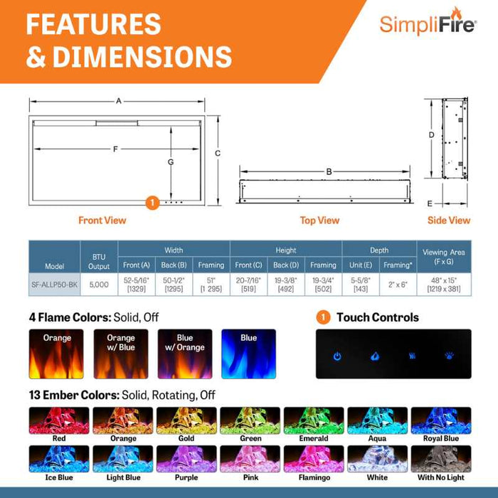 Simplifire Allusion Platinum 50" Linear Electric Fireplace Features & Dimensions