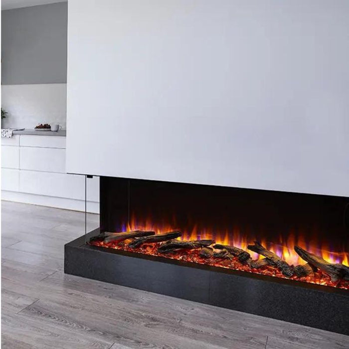 Simplifire Scion Trinity 43" 3-Sided Linear Electric Fireplace with red embers and driftwood logs in modern family