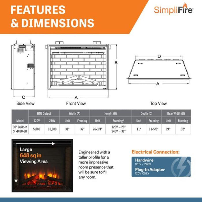 Simplifire 30"
 Built-In Electric Fireplace Features and Dimensions