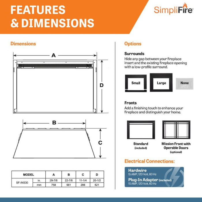 Simplifire 30" Electric Insert Features & Dimensions