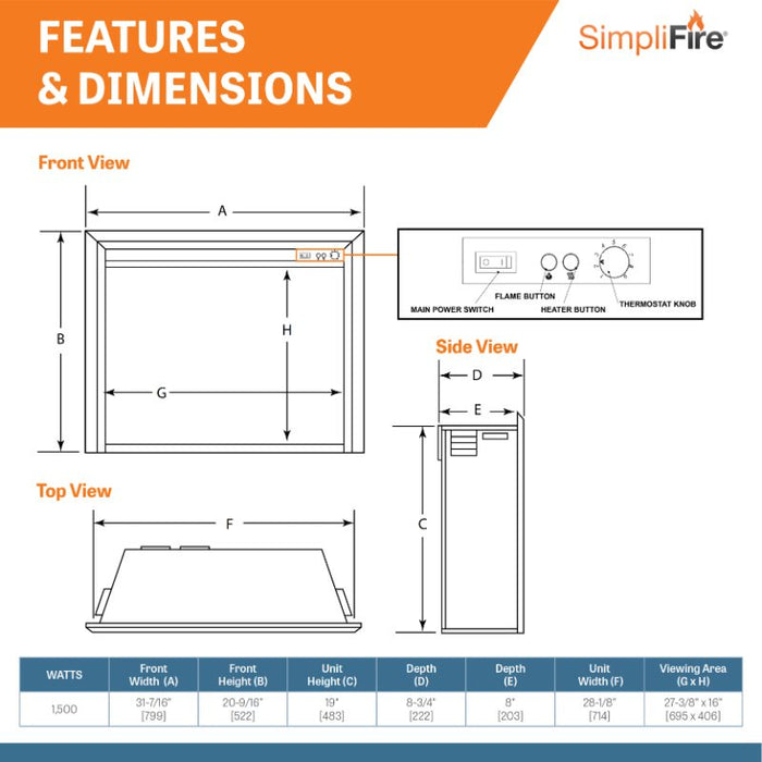 Simplifire 32" Electric Insert Features & Dimensions