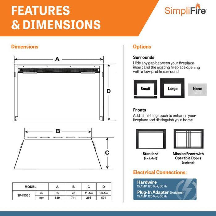 Simplifire 35" Electric Insert Features & Dimensions