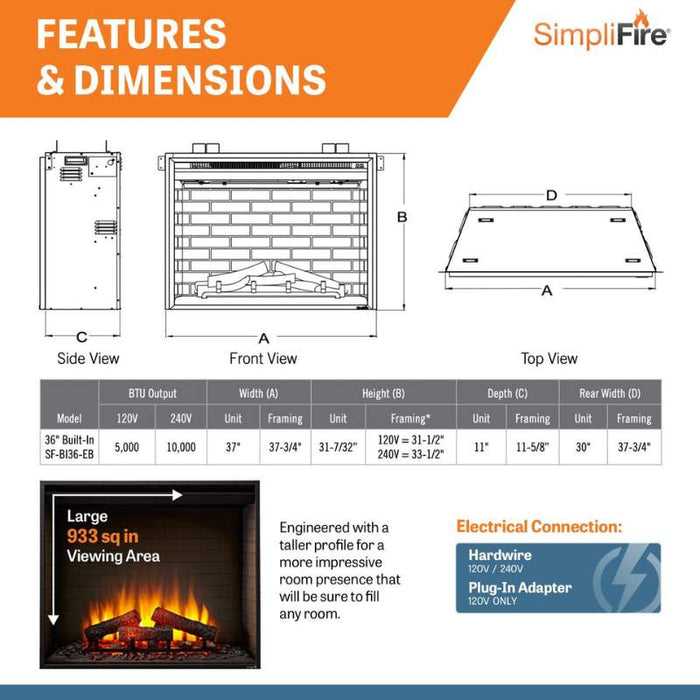 Simplifire 36" Built-In Electric Fireplace Features and Dimensions