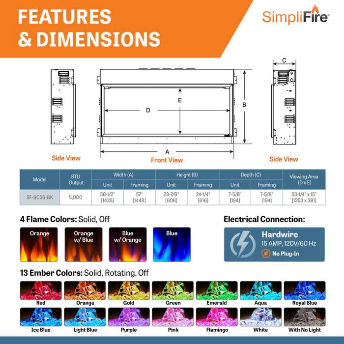 Simplifire 55" Scion Linear Electric Fireplace Features & Dimensions