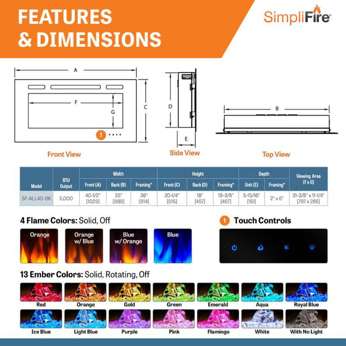 Simplifire Allusion 40" Linear Electric Fireplace Features & Dimensions