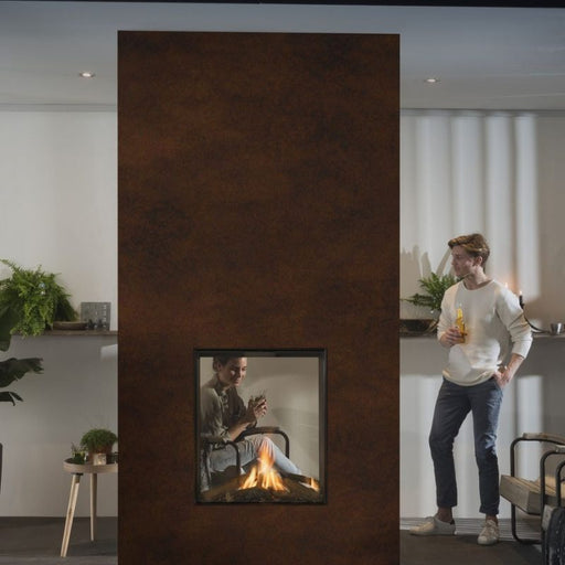 Sky Small ST Outdoor installed at the covered hangout area with Siblings enjoying wine and beer plus Real Flame Burner with True-to-Nature Darker Wood Logs