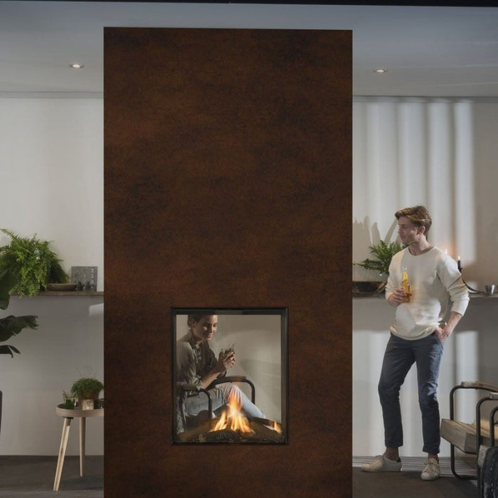 Sky Small ST Outdoor installed at the covered hangout area with Siblings enjoying wine and beer plus Real Flame Burner with True-to-Nature Darker Wood Logs