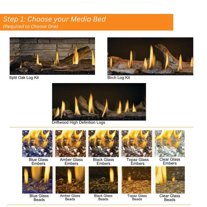 Step 1: Choose your Media Bed for Napoleon Ascent Premium Series Linear Direct Vent Gas Fireplace Birch Log Kit, Split Oak Log Kit, Driftwood High Definition Logs, Glass Embers & Glass Beads