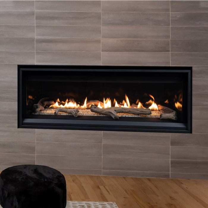 Superior 55" Direct Vent Linear Gas Fireplace DRL3555 loseup No surround with drift wood log set
