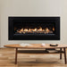 Superior 55 Direct Vent Linear Gas Fireplace DRL3555 close-up with black matte surround, driftwood log set, and river rocks 8a8a6611-acc6-47da-bc29-2278757ae784