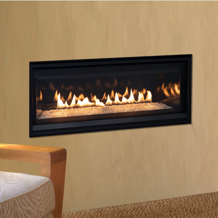 Superior Direct Vent Linear Gas Fireplace DRL3500 Series close-up with no surrounds and standard media in bedroom