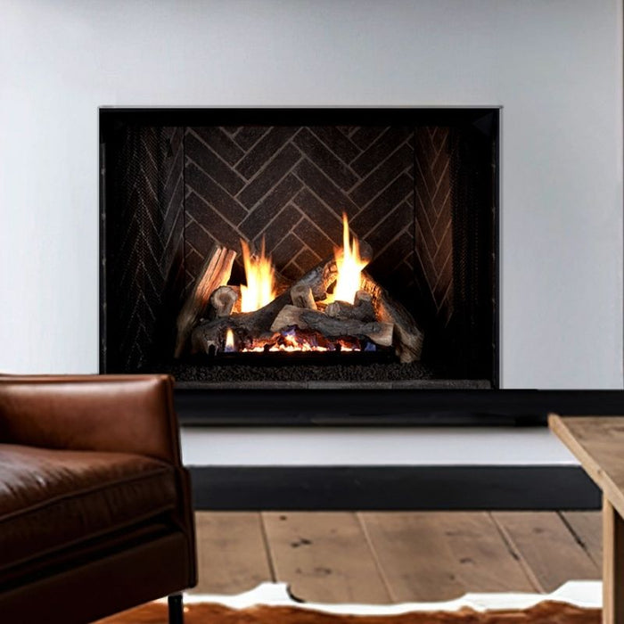 Superior Silverstone Timber vent free gas log set burning in a modern fireplace with a black herringbone brick interior