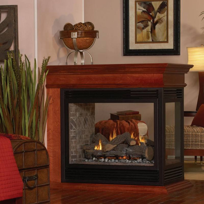 Tahoe Premium 36" Peninsula Direct-Vent Fireplace with Slope Glaze Vista Burner, Large Tempered Glass View Windows, and Banded Brick Liner