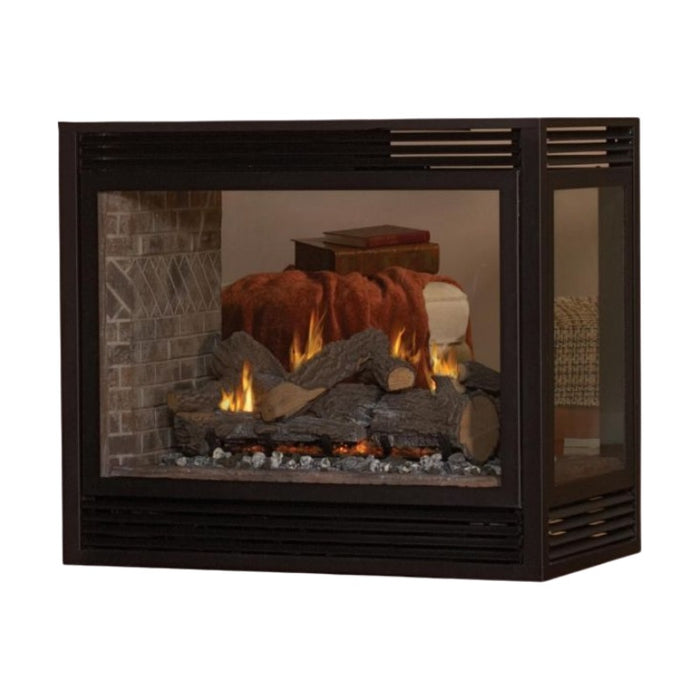 Tahoe Premium 36" Peninsula Direct-Vent Fireplace with Slope Glaze Vista Burner, Large Tempered Glass View Windows, and Banded Brick Liner.