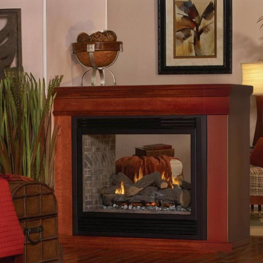 Tahoe Premium 36" See-Through Direct-Vent Fireplace with Large Tempered Glass View Windows, and Banded Brick Liner Placed in a Reading Corner