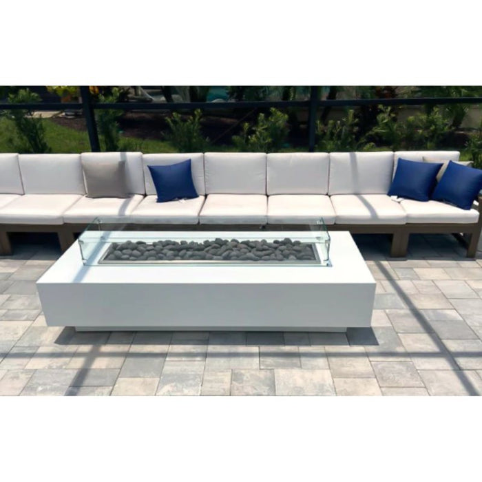 The Distric Fire Pit - GFRC Concrete 48" Placed in Backyard Hangout Area with Wind Guard and Tumbled Lava Rock V2