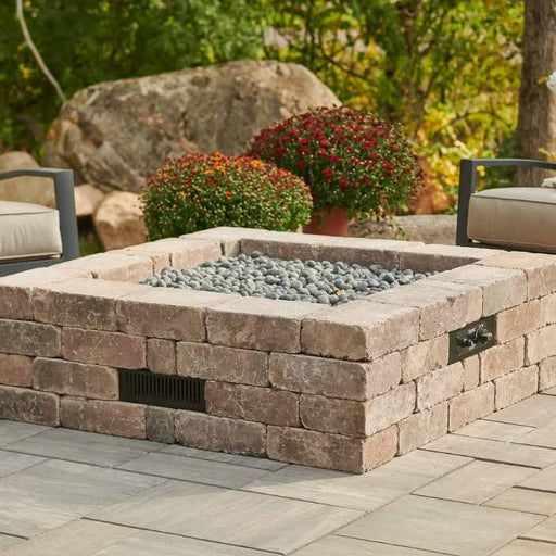 The Outdoor Greatroom Bronson Block Square Gas Fire Pit Kit Installed at Front Yard with Tumbled Lava Rock Scaled