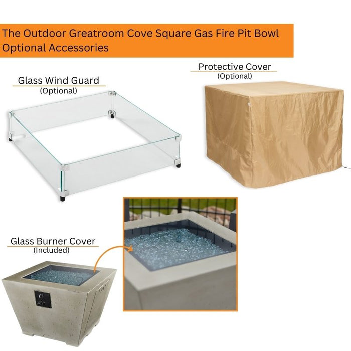 The Outdoor Greatroom Cove Square Gas Fire Pit Bowl Optional Accessories