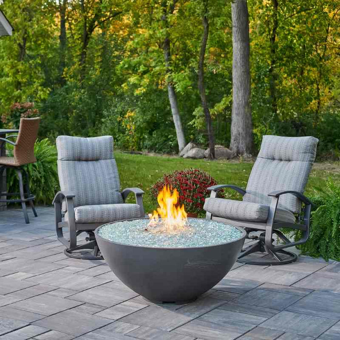 The Outdoor Greatroom Midnight Mist Cove Edge Round Gas Fire Pit Bowl place at Frontyard with Clear Tempered Fire Glass Gems plus Fire Burner