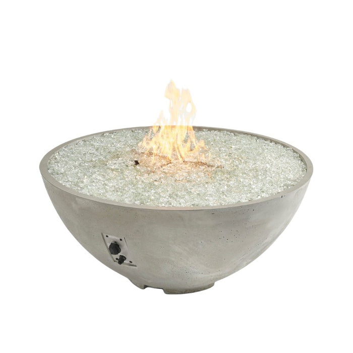 The Outdoor Greatroom Natural Grey Cove Edge Round Gas Fire Pit Bowl with Clear Tempered Fire Glass Gems plus Fire Burner On plus Fire Burner On