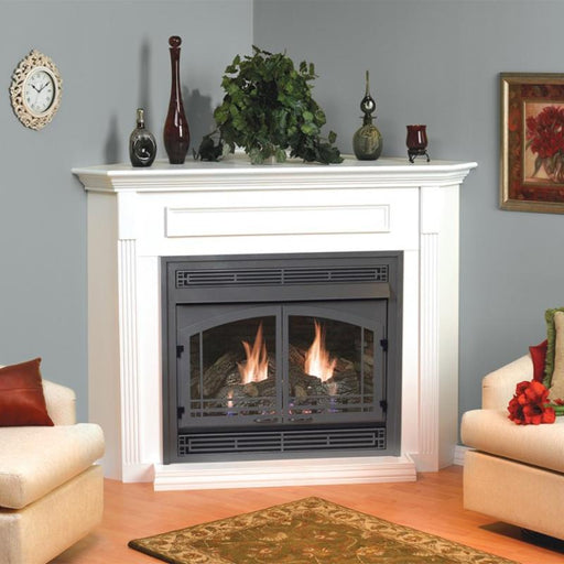 White Corner Cabinet Mantel with Base on Empire Breckenridge Deluxe Vent Free Firebox with Mission Louver, Pewter Decorative Door Frame Arch and Refractory Sassafras Log Set with Slope Glaze Burner System
