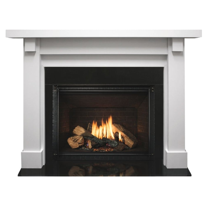 Absolute Black Granite MBBGMS1PK1 Set 2 Stone Fireplace Surround Installed With Rustic Style Battlefield Flush Wood Mantel