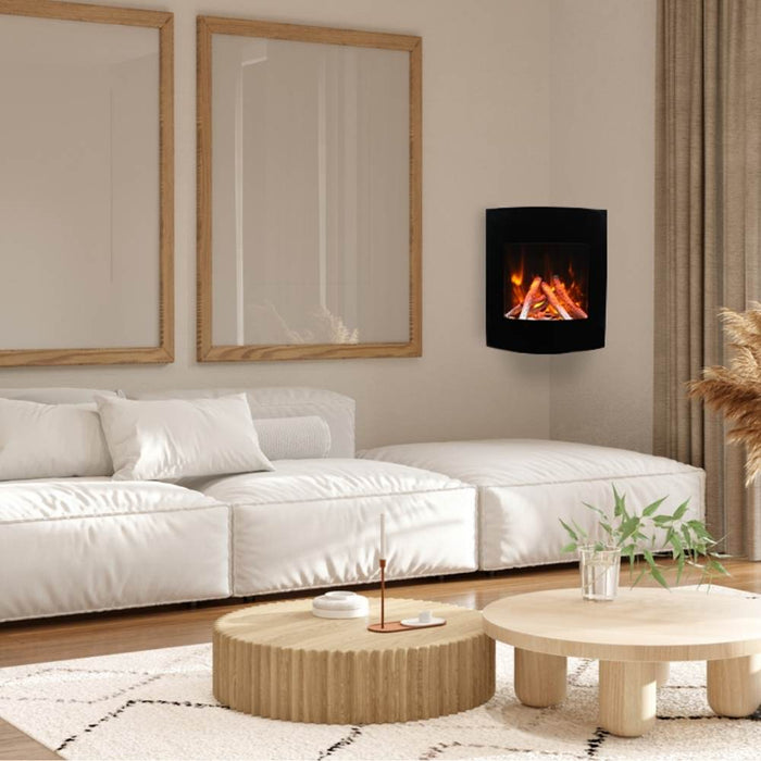 Amantii 24 x 28 Wall-Mount / Corner Electric Fireplace with Black Glass Surround installed in the living room and with birch log set lifestyle