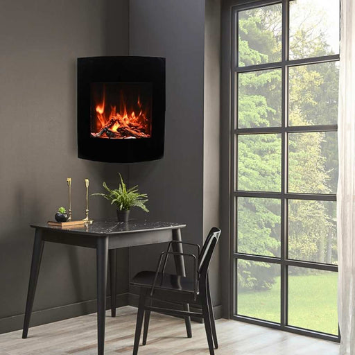 Amantii 24 x 28 Wall-Mount / Corner Electric Fireplace with Black Glass Surround placed near the window.