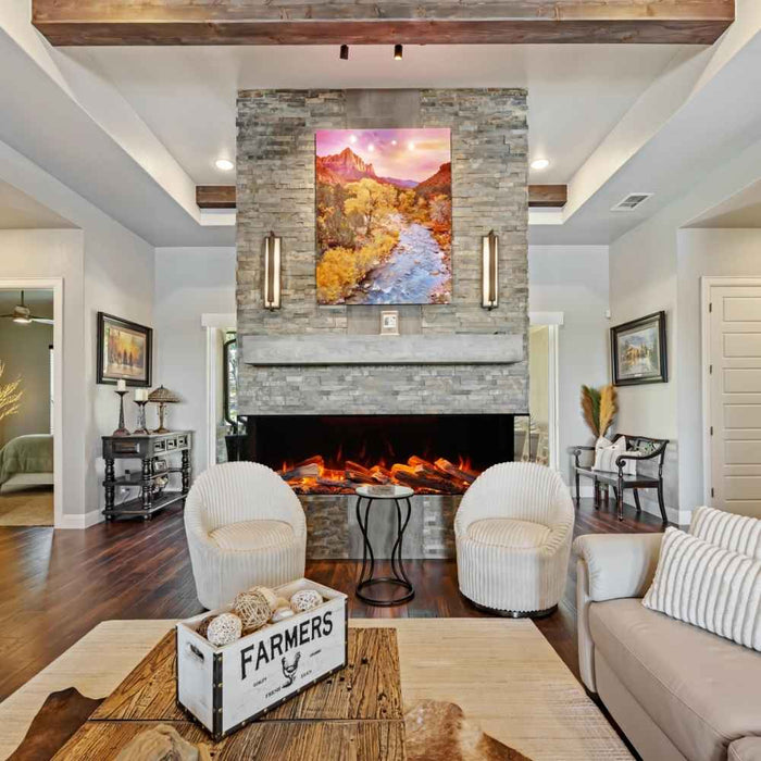 Amantii Fire & Ice Lumaforest 48" 3-Sided Built-In Electric Fireplace LF48 Glowing Embers Plus Vibrant Orange Flame with Mirrored Back Panel Installed At Guest Room