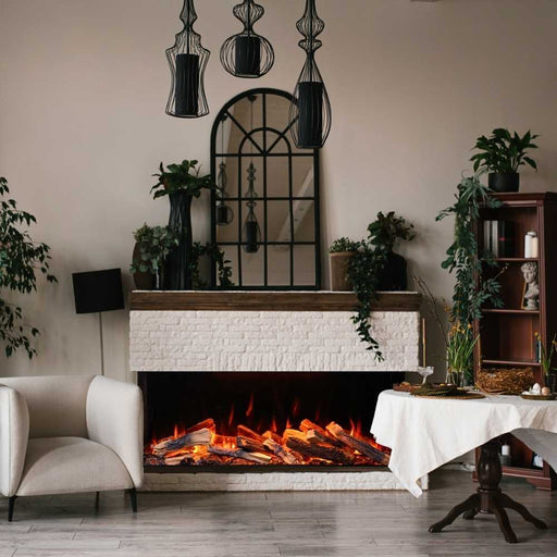 Amantii Fire & Ice Lumaforest 48" 3-Sided Built-In Electric Fireplace LF48 Vibrant Orange Flame with Mirrored Back Panel Installed at Living Room