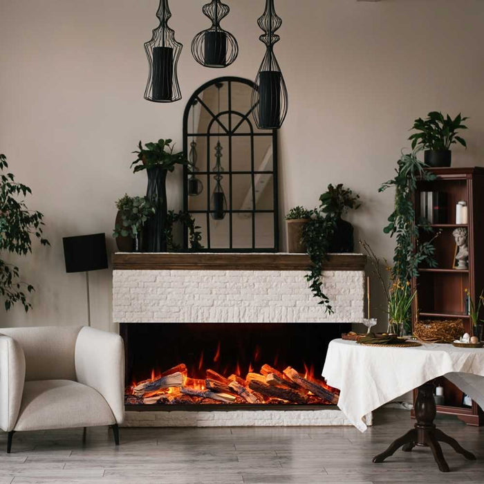 Amantii Fire & Ice Lumaforest 48" 3-Sided Built-In Electric Fireplace LF48 Vibrant Orange Flame with Mirrored Back Panel Installed at Living Room