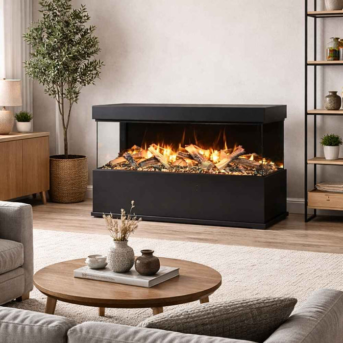 Amantii Fire & Ice Lumaforest 63" 3-Sided Built-In Electric Fireplace LF63-BLK-PDS Vibrant Yellow Flame & Yellow Ember Bed with Mirrored Back Panel Pedestal Display
