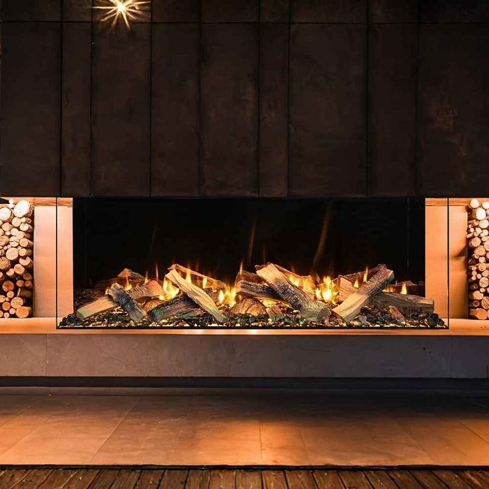 Amantii Fire & Ice Lumaforest 63" 3-Sided Built-In Electric Fireplace LF63 Canopy & Tray LED Lighting On Vibrant Yellow Flame Plus Glowing Logs & Yellow Ember Bed with Mirrored Back Panel Installed